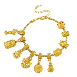 10 Chinese Symbol Charms Bracelet in Goldtone W/Extender Chain (7.5-9.5 Inches)